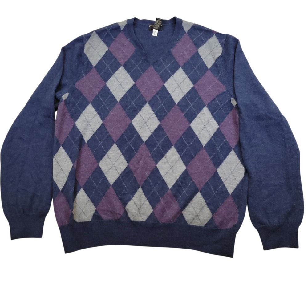 Banana Republic Sweater Mens XL Blue Purple Argyle Merino Wool Long Sleeve VNeck
